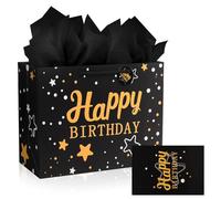 Bolsa de regalo de cumpleaños negra, bolsas de regalo medianas para regalo con 3 papel de seda y 1 tarjeta de felicitación para niños, hombres y mujeres, suministros de cumpleaños, diseño de cielo