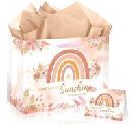 Bolsa de regalo de cumpleaños para baby shower de arcoíris bohemio para bebés y niñas, A Little Ray of Sunshine is Almost Here, bolsa de regalo, tarjeta de papel de regalo, rosa, bohemio, floral, para