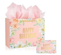 Bolsa de regalo de cumpleaños rosa, bolsas de regalo medianas para regalo con 3 papel de seda y 1 tarjeta de felicitación para niños, hombres y mujeres, diseño de cielo estrellado negro con asas, 30 x