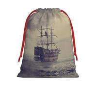 Bolsa de regalo de felpa ultra suave con cordón, diseño de barco pirata antiguo en el mar, regalos de dulces para fiestas de Navidad, bolsas de joyería de boda