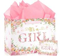 Bolsa de regalo de fiesta de cumpleaños con texto en inglés "It's a Girl", color oro rosa, con tarjeta, papel de seda, decoración de baby shower, bolsas de regalo para niñas, suministros de fiesta de