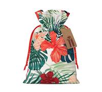 Bolsa de regalo de hojas de vegetación con flores de hibisco con cordón para boda, fiesta, cumpleaños, bolsa de regalo única, bolsa de lona reutilizable, 1 pieza mediana
