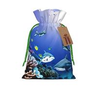 Bolsa de regalo de lino con cordón con estampado de tiburón que nadan bajo el mar para fiestas de Navidad, bolsas de regalo de embalaje de vacaciones.