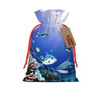 Bolsa de regalo de lino con cordón con estampado de tiburón que nadan bajo el mar para fiestas de Navidad, bolsas de regalo de embalaje de vacaciones.