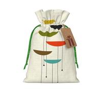 Bolsa de regalo de lino con cordón de impresión moderna de mediados de siglo para fiestas de Navidad, bolsas de regalo de embalaje de vacaciones.