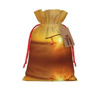 Bolsa de regalo de lino con cordón de Navidad con diseño de avión al atardecer, adecuada para Navidad, cumpleaños, embalaje de regalo