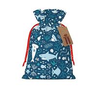 Bolsa de regalo de lino con cordón de Navidad con diseño de peces azules, adecuada para embalaje de regalo de cumpleaños de Navidad