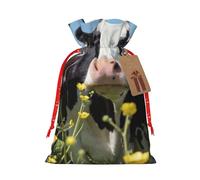 Bolsa de regalo de lino con cordón de Navidad con diseño de vacas blancas y negras, adecuada para embalaje de regalo de cumpleaños de Navidad