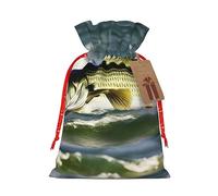 Bolsa de regalo de lino con diseño de ondas de pesca de lubina con cierre de cordón de cuerda, con elevadores de papel kraft, para Navidad, cumpleaños, fiestas
