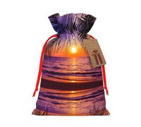 Bolsa de regalo de lona de Navidad con diseño de atardecer con palmeras tropicales, paisaje crepúsculo, con cordón, bolsa de regalo personalizada reutilizable