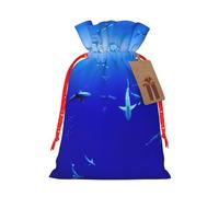 Bolsa de regalo de lona de Navidad con diseño de tiburón nadando bajo el mar con cordón, bolsa de regalo personalizada reutilizable