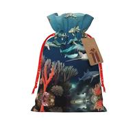 Bolsa de regalo de Navidad con cierre de cordón, ligera, bonito diseño, perfecta para cumpleaños y fiestas, tiburones bajo el mar