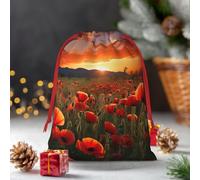 Bolsa de regalo de Navidad con cordón, campo de flores de amapola roja al atardecer, bolsas de regalo reutilizables, línea de regalos de Navidad, caja de regalo de Navidad, bolsa de regalo de Navidad