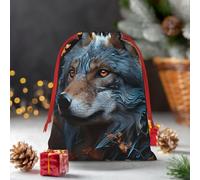 Bolsa de regalo de Navidad con cordón, hojas de otoño y un lobo, bolsas de regalo reutilizables para vacaciones, bolsa de regalo de Navidad, bolsa de regalo de Navidad para envolver suministros de