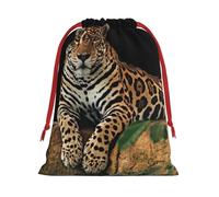 Bolsa de regalo de Navidad con cordón impreso de leopardo africano sobre roca, una opción conveniente para empaquetar pequeños regalos