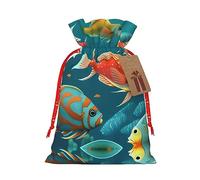 Bolsa de regalo de Navidad con diseño de peces submarinos del océano, bolsas de arpillera con cordón para fiestas, ideal para regalo de mano y almacenamiento