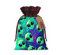 Bolsa de regalo de Navidad Green Aliens, bolsa de regalo de lino con cordón, embalaje de regalo para festivales y fiestas.