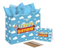 Bolsa de regalo de nubes blancas y cielo, bolsas extragrandes de feliz cumpleaños con tarjeta y papel de seda, diseño de historia de dibujos animados alegre para fiestas infantiles, baby showers y