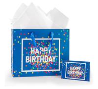 Bolsa de regalo de papel azul para cumpleaños, 33 x 26 x 11 cm, tamaño de bolsa de regalo de cumpleaños, bolsa de regalo de feliz cumpleaños con papel de seda y tarjeta de felicitación, bolsas para