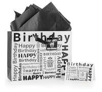 Bolsa de regalo de papel blanco y negro, 33 x 26 x 12 cm, tamaño de bolsa de regalo de cumpleaños, bolsa de regalo de cumpleaños con papel de seda y tarjeta de felicitación, bolsas para regalos de