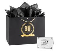 Bolsa de regalo de papel negro dorado 30º cumpleaños, bolsa de regalo con cinta de seda, 32 x 25 x 11 cm, tamaño bolsa de regalo con tarjeta y gasa de perlas, bolsa de regalo Happy 30th Birthday bolsa