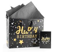 Bolsa de regalo de papel negro y dorado, 33 x 26 x 12 cm, tamaño de bolsa de regalo de cumpleaños, con papel de seda y tarjeta de felicitación, bolsas para regalos de fiesta hombres y mujeres