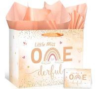Bolsa de regalo de primer cumpleaños con diseño de arcoíris bohemio Little Miss Onederful con tarjeta de felicitación y papeles de seda, una bolsa de regalo de cumpleaños para niñas recién nacidas