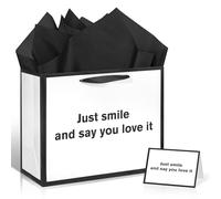 Bolsa de regalo divertida blanca con texto en inglés "Just Smile and Say You Love It", con papel de seda y tarjeta de felicitación, bolsas de regalo de cumpleaños inapropiadas para oficina, compañeros