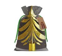 Bolsa de regalo dorada con cordón con estampado de árbol de Navidad para bodas, fiestas, cumpleaños, bolsa de regalo única, bolsa de lona reutilizable, 1 pieza, M
