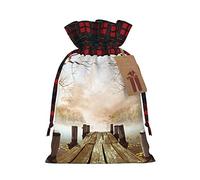 Bolsa de regalo impresa con escena de lago de puente de madera, perfecta bolsa de regalo de arpillera con bloqueo de color