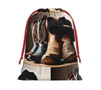 Bolsa de regalo navideña de arpillera con cordón y sombrero negro de vaquero y botas vaqueras, tartán a cuadros, etiqueta kraft, poliéster, para guardar regalos navideños en casa (tamaño mediano)