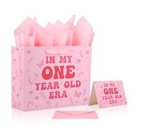 Bolsa de Regalo para 1er Cumpleaños Bebé Niña, Rosa En Mi Era de Un Año Bolsa Regalo con Papel Perlado Sobre y Tarjeta Felicitación Suministros para Fiesta Primer Cumpleaños