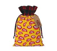 Bolsa de regalo para mujer, diseño de labios rojos, con texto en inglés "Smiling And Biting Her Red Lips Gifts Christmas", bolsa de almacenamiento de tela, etiquetas de almacenamiento de tela,