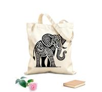 Bolsa de tela con correa de cincha Un arte lineal y estilizado de un elefante con el telón de fondo de una escena estilizada de amanecer y atardecer. Tela de 12 oz de grosor Bolsa para dibujar 35x40cm