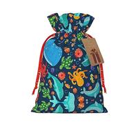 Bolsa de tela de embalaje de Navidad con estampado de ballena oceánica y pulpo con cordón, reutilizable, bolsa de almacenamiento de alimentos, bolsa de decoración