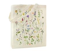 Bolsa de Tela Mujer Flores y Hierba, Tote Bag Algodón Impresa, Compras Reutilizable, 35 x 42 x 8 cm, Regalos para Damas, Amigas, Cumpleaños