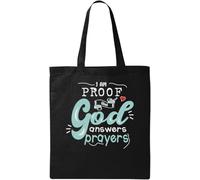 Bolsa de transporte con texto "I Am Proof That God Answers Prayers", algodón ecológico natural, negro, talla única, Negro , talla única