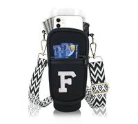 Bolsa de transporte para botella de agua con inicial A-Z con correa para vaso Stanley de 1,134.0 g, bolsa negra personalizada para botella de agua con bolsillo para teléfono con letras de perlas