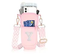 Bolsa de transporte para botella de agua con inicial A-Z con correa para vaso Stanley de 40 onzas, bolsa personalizada para botella de agua con bolsillo para teléfono con letras de perlas para