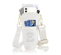 Bolsa de transporte para botella de agua con inicial A-Z con correa para vaso Stanley de 40 onzas, bolsa personalizada beige para botella de agua con bolsillo para teléfono con letras de perlas para