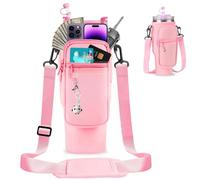 Bolsa de transporte para botella de agua para vaso de 40 onzas con bolsillo para teléfono,Portabotellas con Funda de Pajita,Correa Ajustable para el Hombro y mosquetón,para Viajes,Camping (rosa)