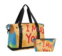 Bolsa de transporte para perro con diseño de dibujos animados "I Miss You", color marrón, con correa ajustable para viajes, impermeable, con texto en inglés "I Miss You", color marrón, talla 1, I Miss