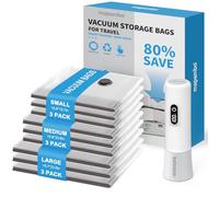 Bolsa de viaje al vacío para ropa con bomba eléctrica inalámbrica de 60000 Pa, 9 bolsas de almacenamiento al vacío en 3 tamaños combinados (40 x 50/40 x 60/50 x 60 cm), ahorra un 80 % de espacio para