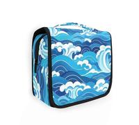 Bolsa de viaje azul con diseño de ondas de cultura china con gancho para colgar, bolsas de cosméticos ligeras con cremallera vertical independiente