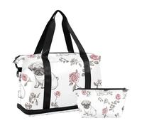 Bolsa de viaje blanca con diseño de perros carlino con bolsa de aseo plegable para el gimnasio, Lindo perro pug blanco, 1 size
