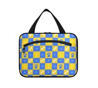 Bolsa de viaje colgante con diseño de huellas de huellas de rejilla azul y amarilla para mujer con gancho, organizador de maquillaje expandible para viajes, esenciales, gimnasio, estuche de maquillaje