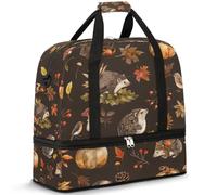 Bolsa de viaje con compartimento para zapatos y funda para carro, diseño de hojas de otoño, erizo, calabaza, deportes, gimnasio, bolsa plegable para fin de semana para mujeres y hombres, Black