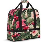 Bolsa de viaje con compartimento para zapatos y funda para carro, flores tropicales rosadas, bolsa de gimnasio, bolsa plegable de fin de semana para mujeres y hombres, Black