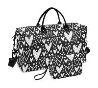 Bolsa de viaje con corazón hueco en blanco y negro, bolsa de viaje para fin de semana, bolsa de gimnasio con bolsa de aseo para entrenamiento, juego de 2 piezas