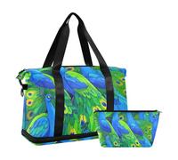 Bolsa de viaje con diseño de animales de dibujos animados, color verde pavo real, bolsa de viaje con bolsa de aseo para yoga, juego de 2 piezas, Bonito animal de dibujos animados verde pavo real, 1